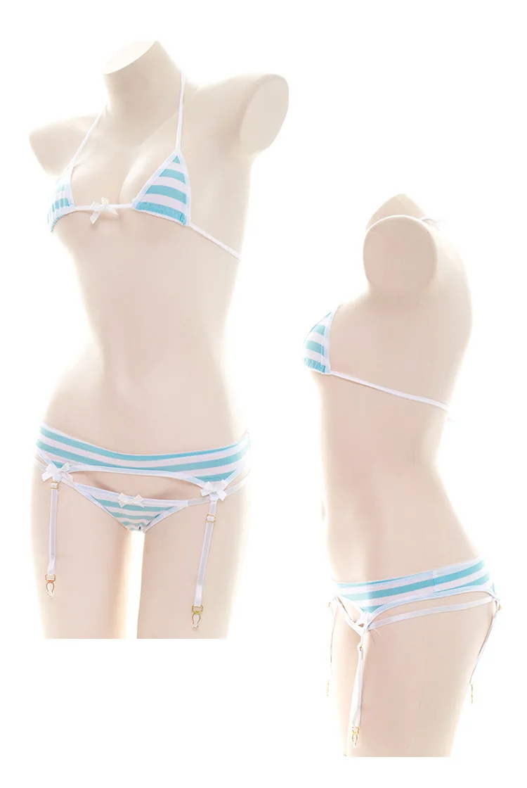 

Striped Bikini Set with Garter Japanese Student Sexy Lingerie Lolita Kawaii Blue Pink Cosplay Erotic Costumes Women Underwear