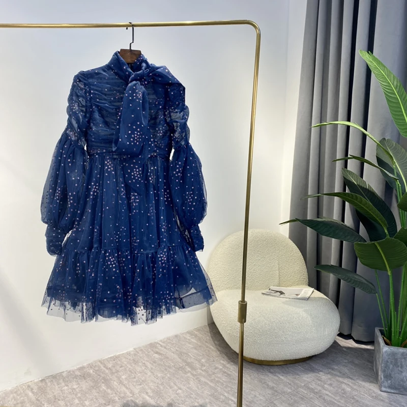 

2021 New Ladies Top Quality Shining Sequined Stars Glued Self Bow Tie Long Lantern Sleeve Sweet Navy Blue Mesh Dresses