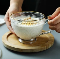 transparent creative sun flower pattern glass coffee tea mug dessert retro breakfast milk cups with handle household drinkware