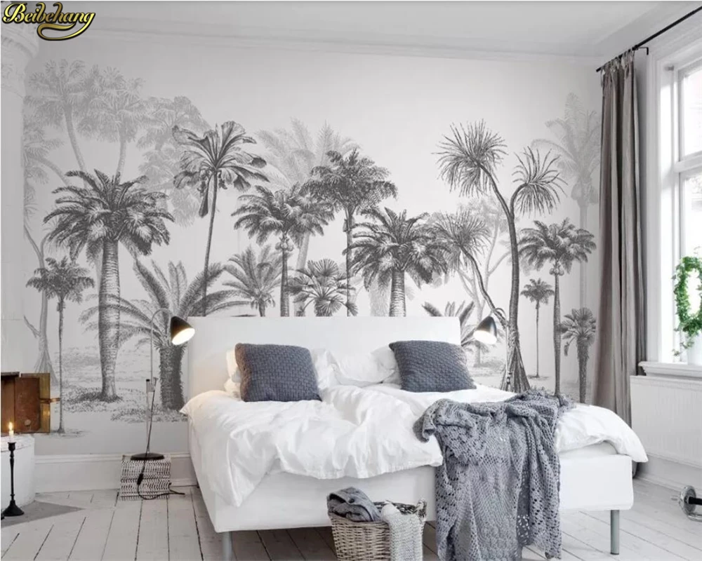 

beibehang Custom Wall paper Mural Black and White Sketch Tropical Rainforest Coconut Tree Nordic TV Sofa Background 3d Wallpaper