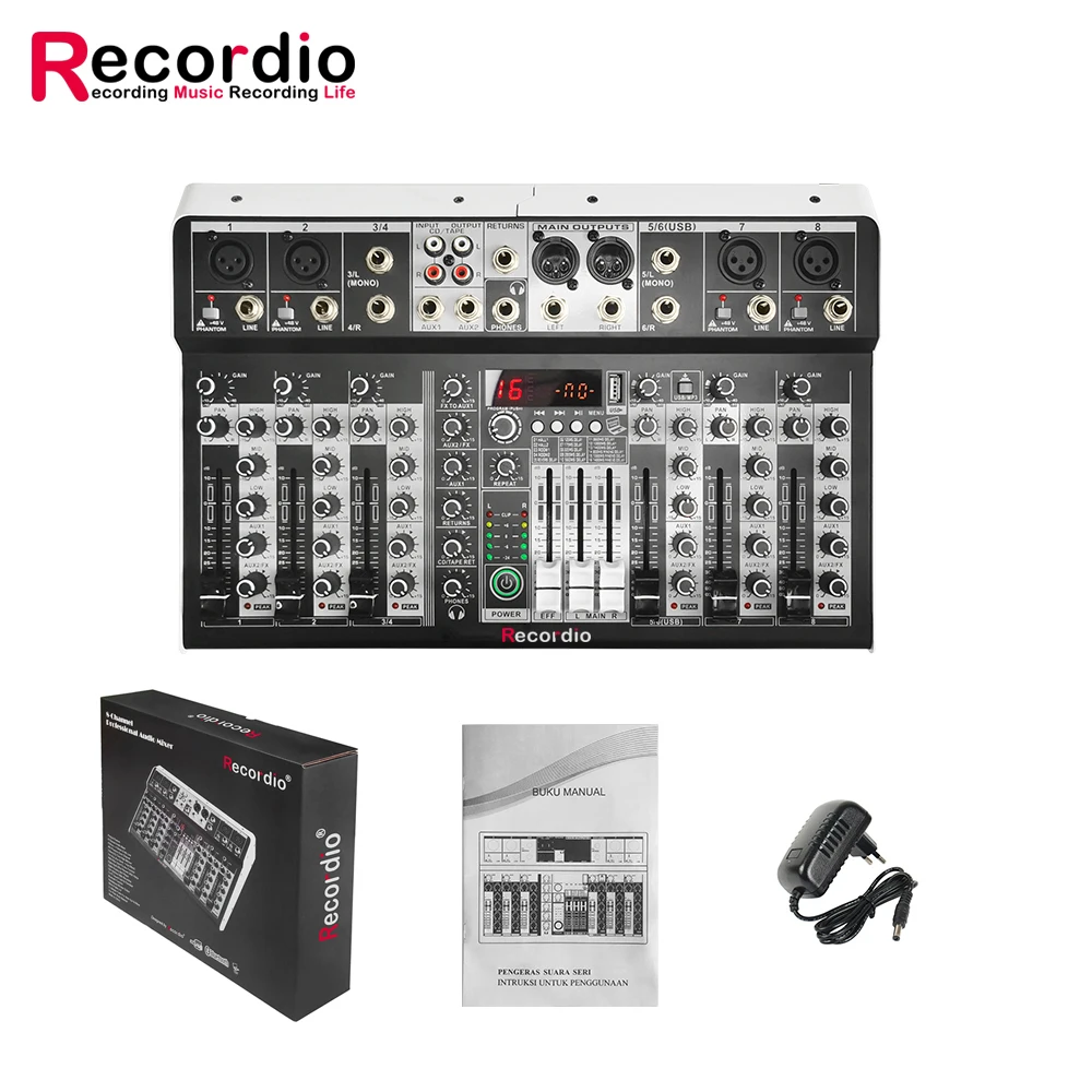 GAX-MF8 8 Channel Audio Mixer 16 Digital Reverb Effects Three Band Equalizer Mixing Console with USB +48V Phantom Power | Электроника