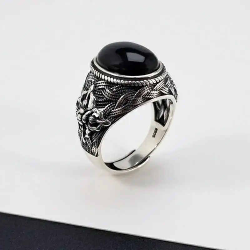 

Original designer craftsmanship dark series retro cross open ring domineering exaggerated inlaid black agate charm men's jewelry