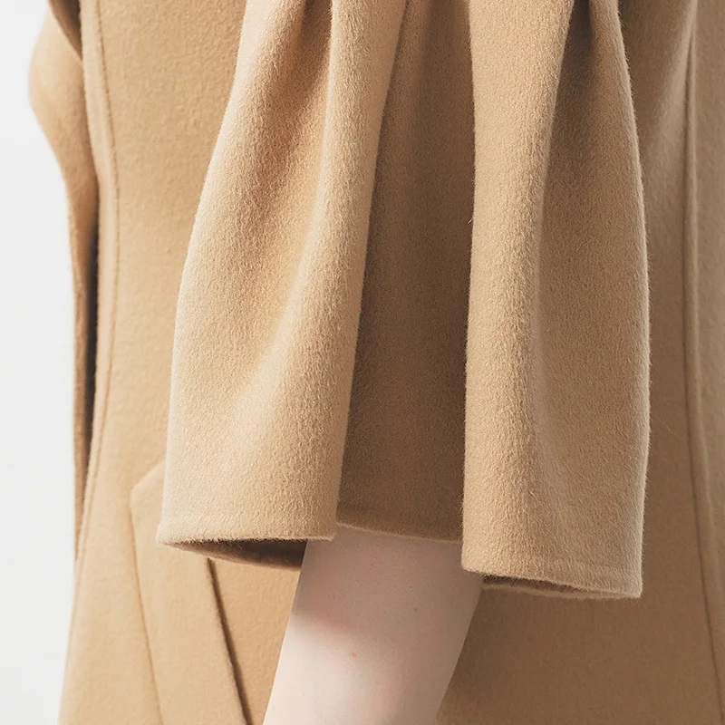 

VOA 14.75 Micron Pure Small Cashmere Camel Lapel Collar Drop Shoulder Horn Half-Sleeve Shirt Double Breasted Fashion Coat S795