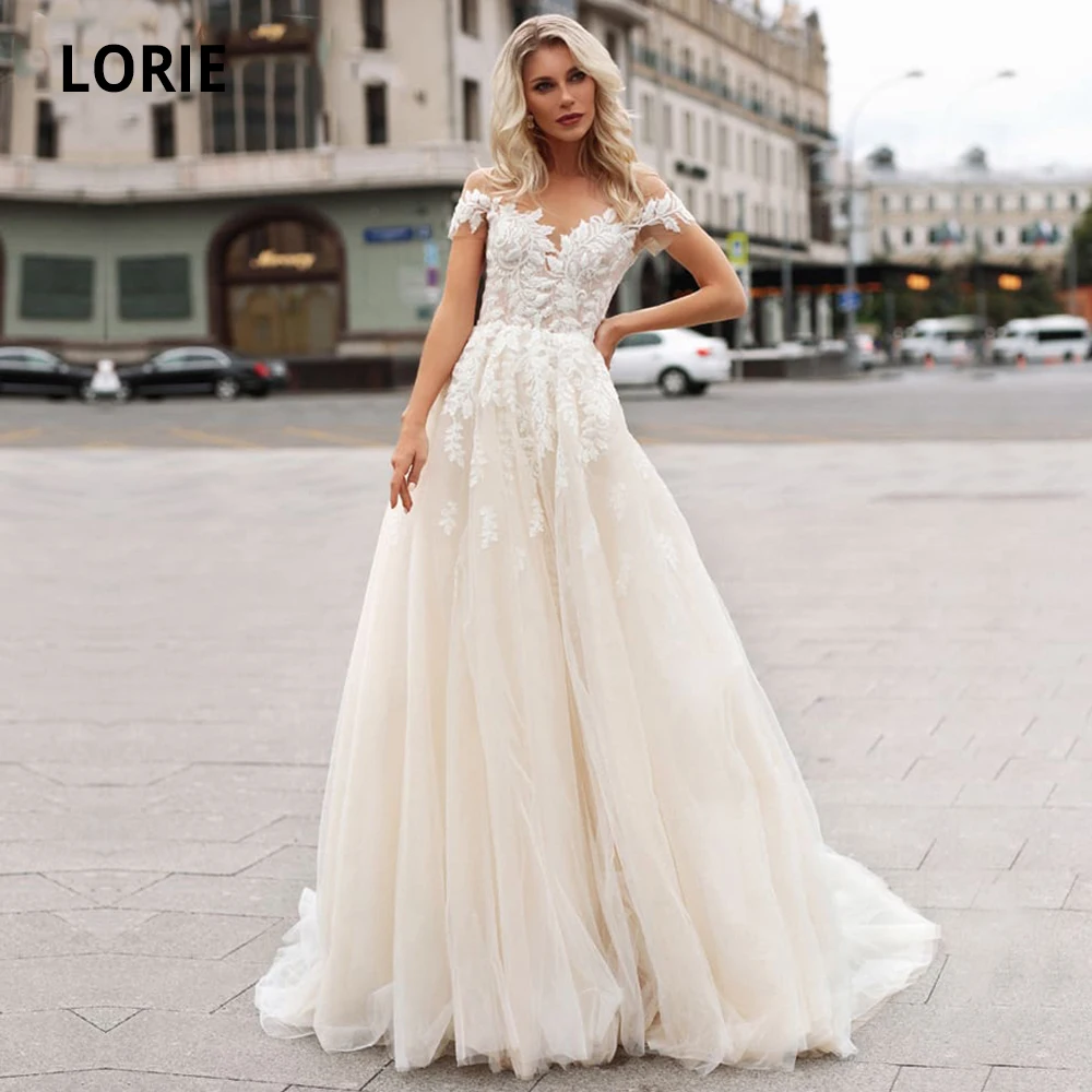

LORIE Champagne Tulle Wedding Dresses Beach Boho Lace Appliques Bridal Gown O-neck illusion Cap Sleeve Vintage Wedding Gowns