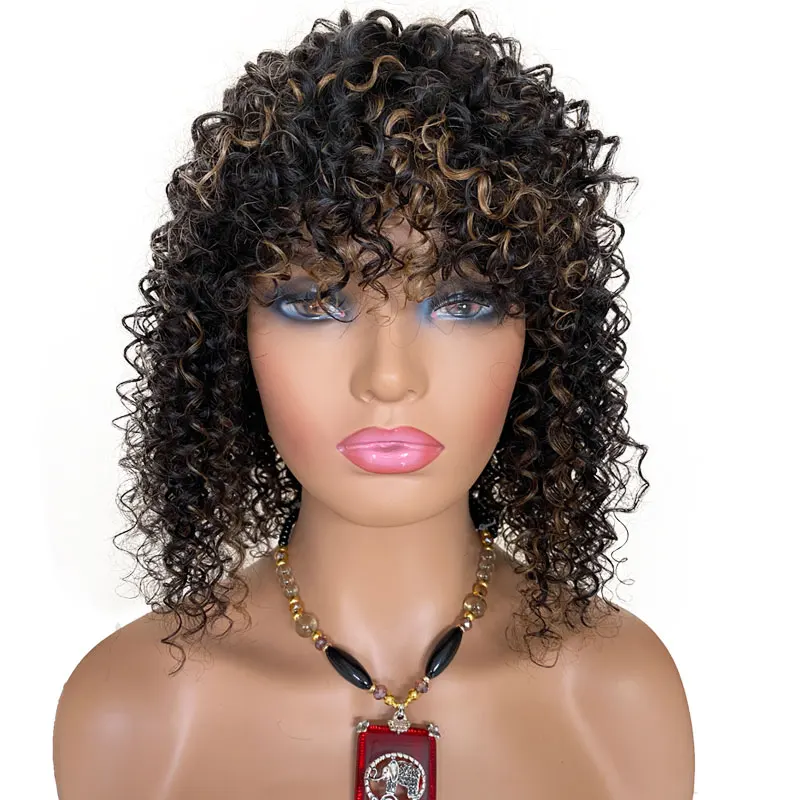 #4/27 Brown Blond Bang Machine Made Human Hair Wig #1B/27 Deep Curly Remy Virgin Brazilian Hair Short Bob Wigs For Black Women