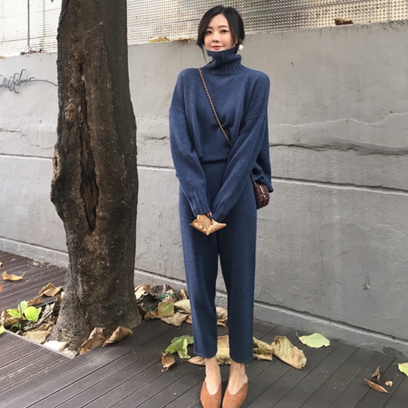 

Runway Fall Winter Elegant Knitted Tracksuit Turtleneck Sweatshirts Women Suit Clothing + High Waist Pants Two Pieces Set Female
