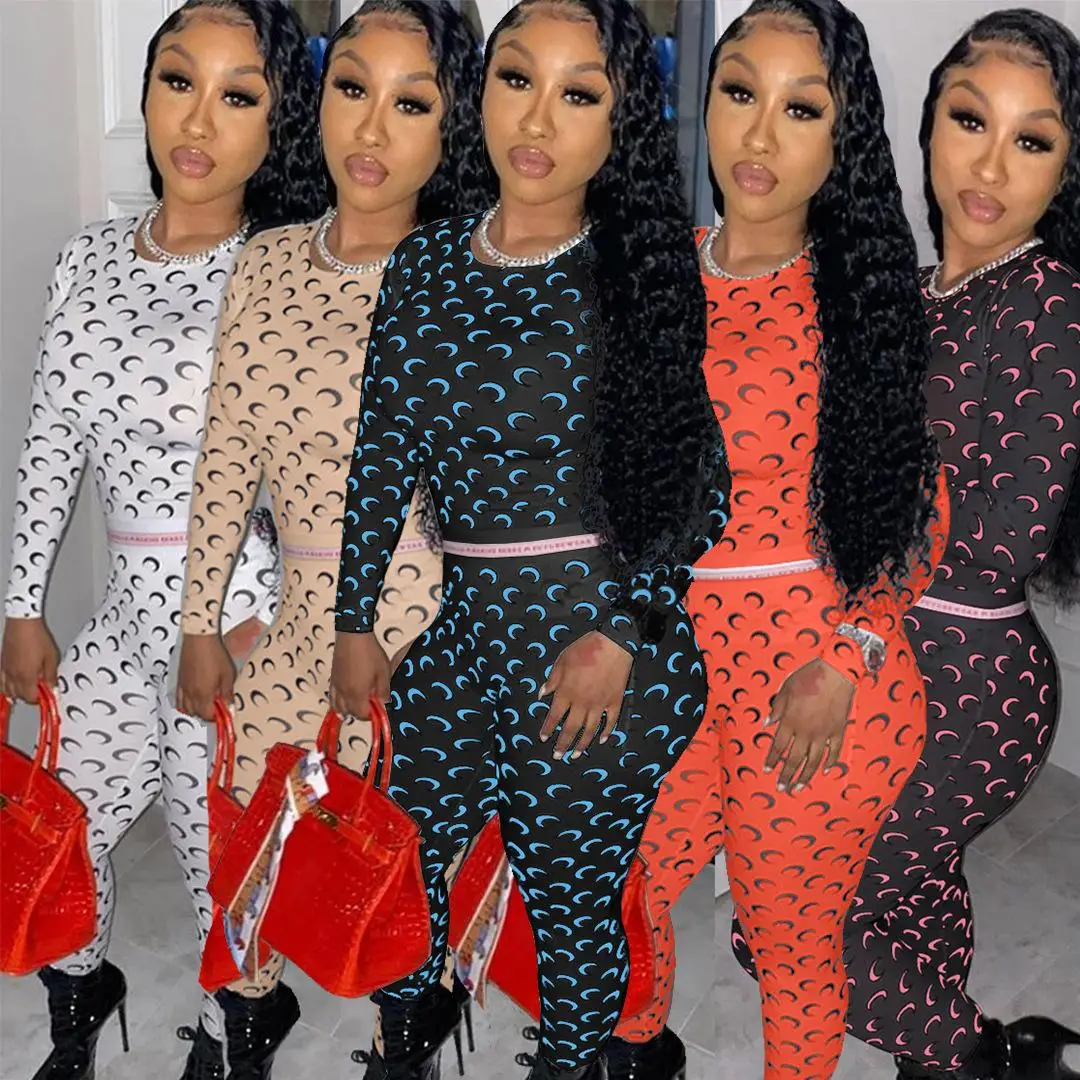 

Cute graphic printing o neck long sleeve crop top and tight pants 2 piece set sexy tight club party high street outfits