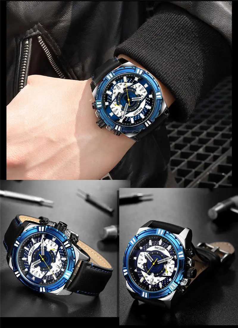 Часы наручные MEGIR мужские с хронографом брендовые Роскошные синие спортивные в