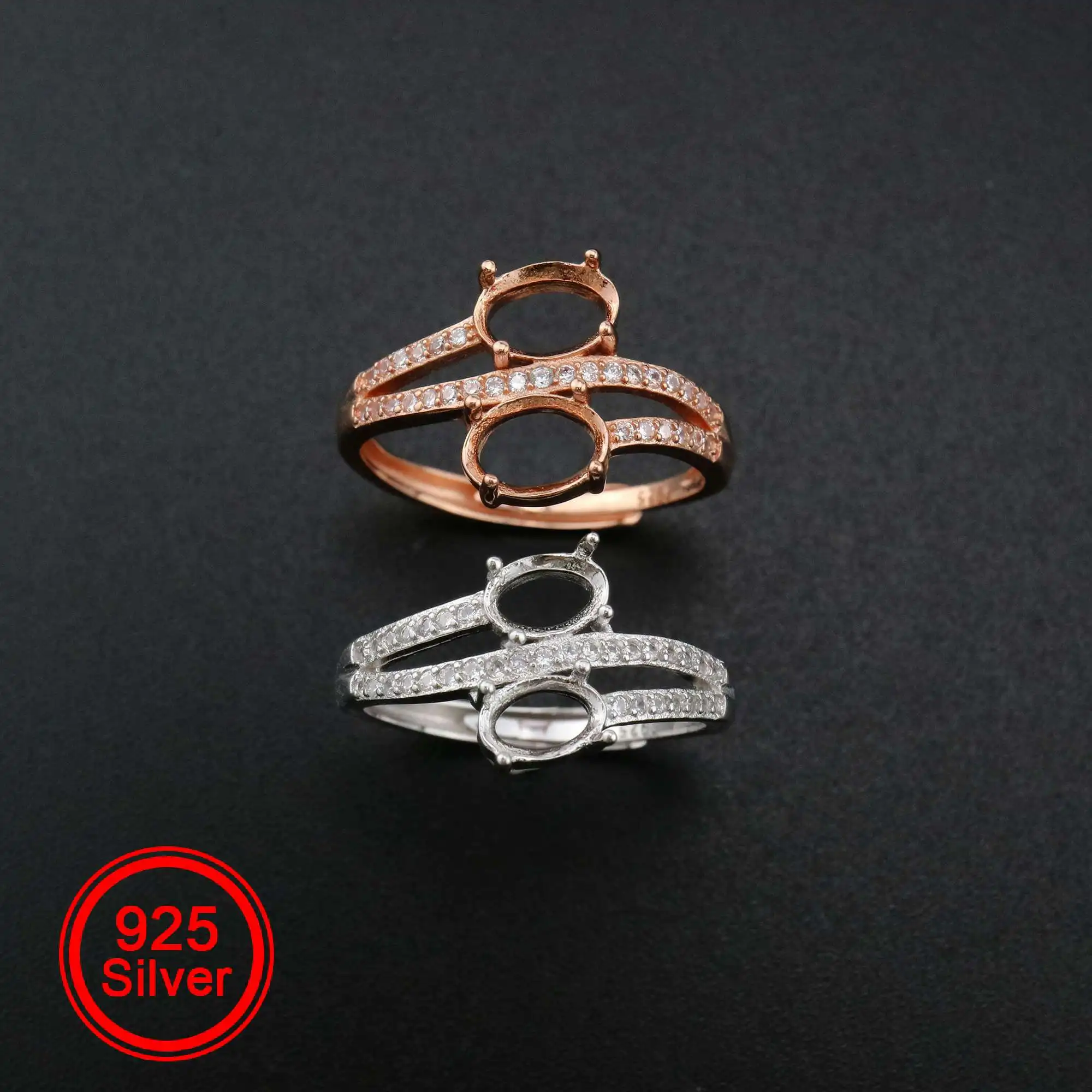 

Oval Prong Ring Settings Blank Adjustable 2 Stones Pave CS Stone Rose Gold Plated Solid 925 Sterling Silver DIY Bezel 1224045