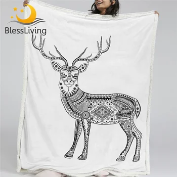 BlessLiving Deer Fleece Throw Blanket Geometric Aztec Elk Black and White Decorative Sherpa Blanket for Home Couch Outdor 1