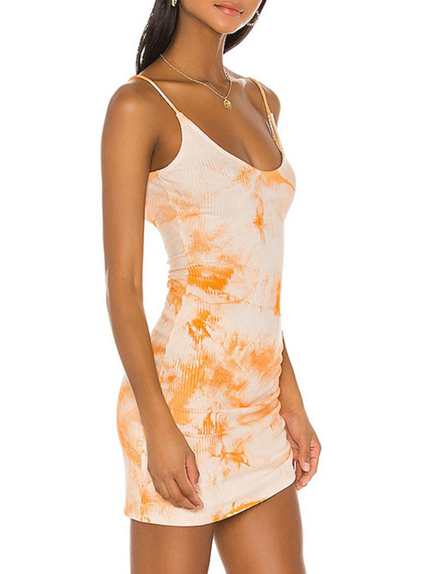 Женское платье комбинация с принтом на завязках U образным вырезом и кулиской