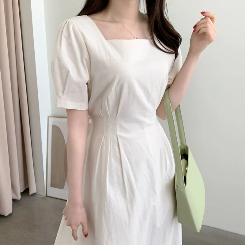 

Summer Women'S Dress 2021 One-Piece Korean Chic Elegant Square Neck Lace-Up Waist Slimming Solid Puff Sleeve Midi Casual Dresses