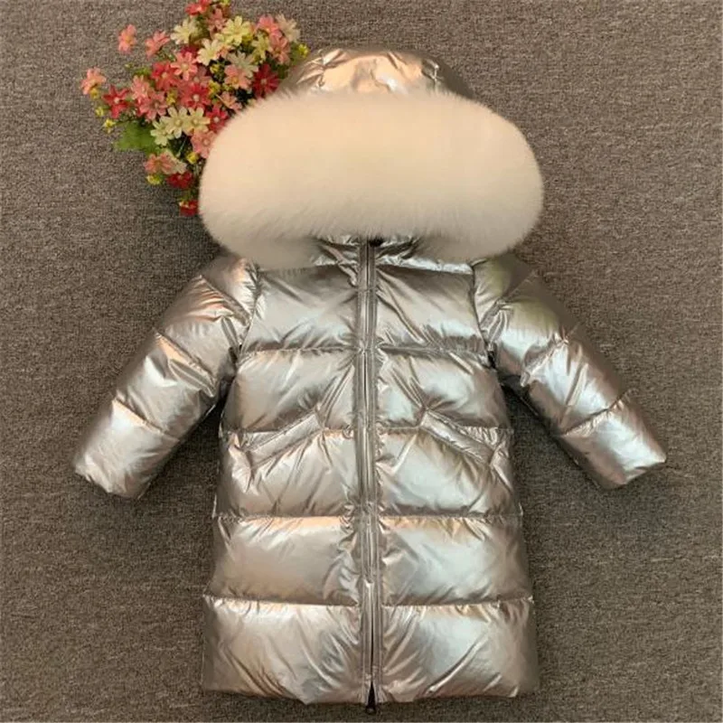 

Fashion Silvery Children Winter Down Jacket Real Fur Kids Warm Long Outerwear For Baby Boys Girls 80-145CM Snow Coat Dwq798