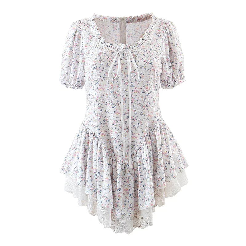 

2022 Women White Lace Patchwork Sweet Floral Print Short Dress Lady Sexy Collar Puff Sleeve Skater Dresses Summer Holiday Robe