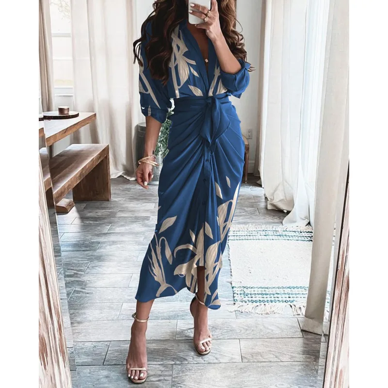 

Summer New Printed Ankle Dress Forged Lace-up Shirt Skirt Female Fashion Office Lady Style