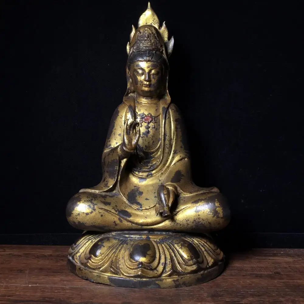 

Home Decor 13"Tibet Buddhism Temple Old Bronze Gilt Cinnabars Jingping Guanyin Bodhisattva Amitabha Enshrine the Buddha