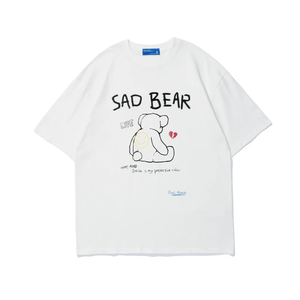 

LINDSEY SEADER Men's T-shirt Hip Hop Summer Short Sleeve Sad Bear Printed Oversized Cotton Casual Harajuku Top Tees Tshirt