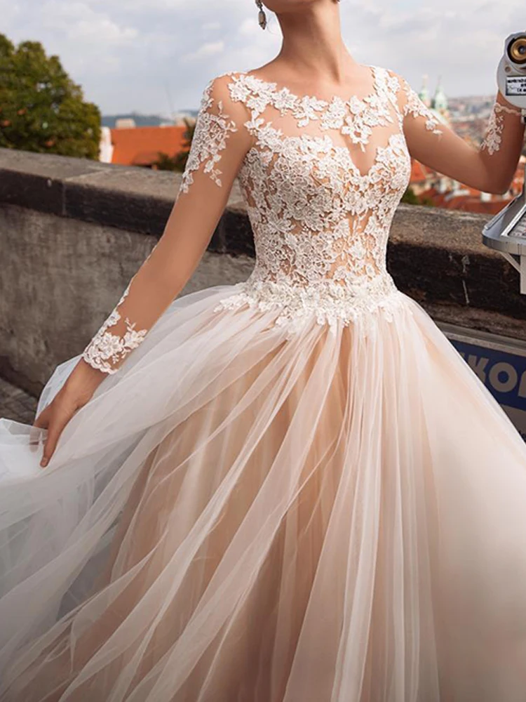 

YILIBER Lace wedding dress o-neck retro atmosphere wedding gown long sleeve 3d flower lace tailing big skirt custom made