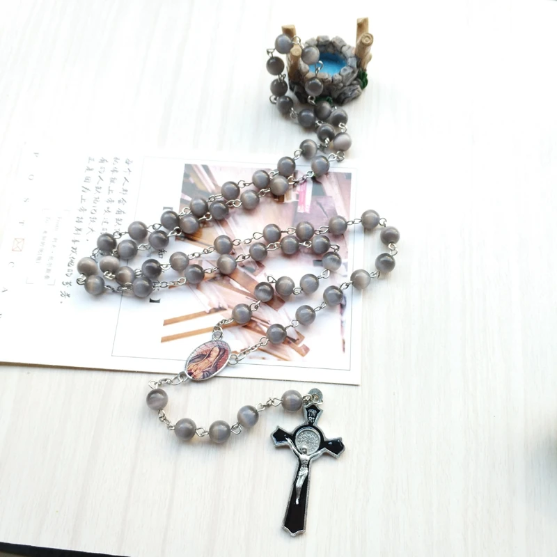 Винтажное эмалированное ожерелье QIGO с крестом католическое черными опалами