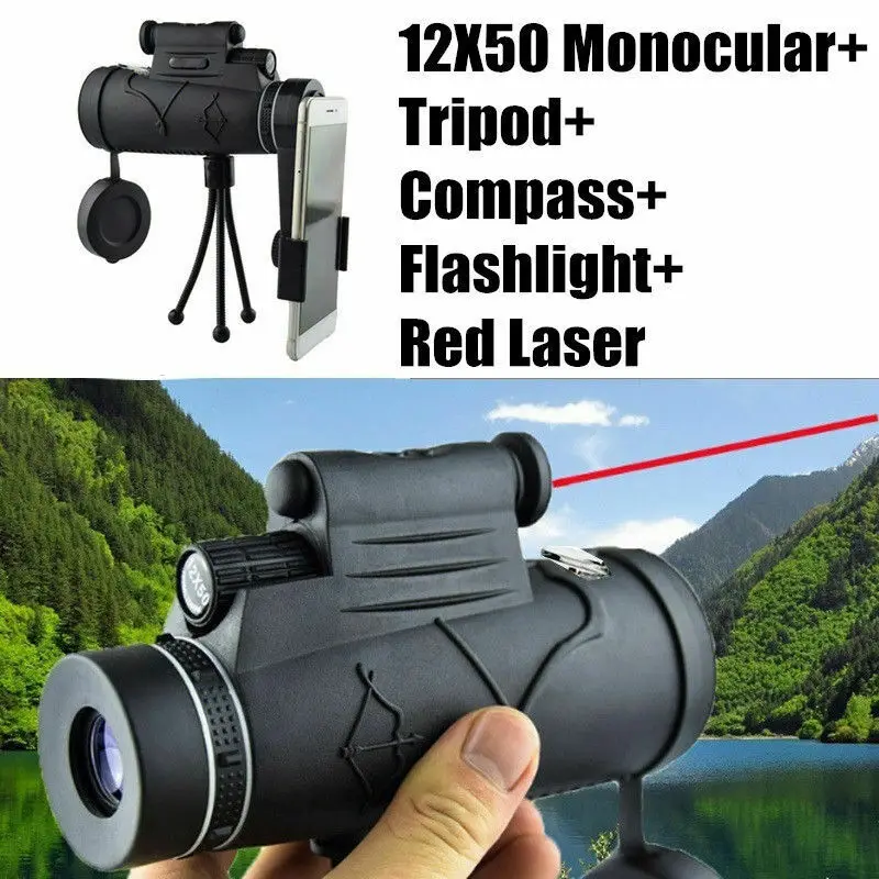 Монокулярный телескоп 12x50 122 м/1000 м Призма BAK4 красный лазер компас фонарик для