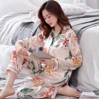spring and autumn new long sleeved korean ice silk pajamas womens suit casual printing plus size home service imitation silk
