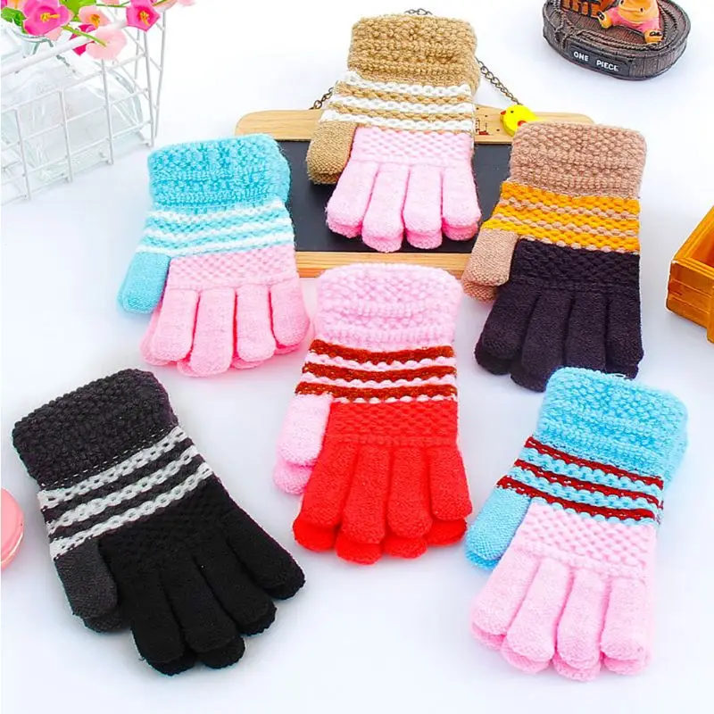 

Перчатки вязаные, разноцветные, для мальчиков и девочек, зимние, в полоску, теплые, для малышей