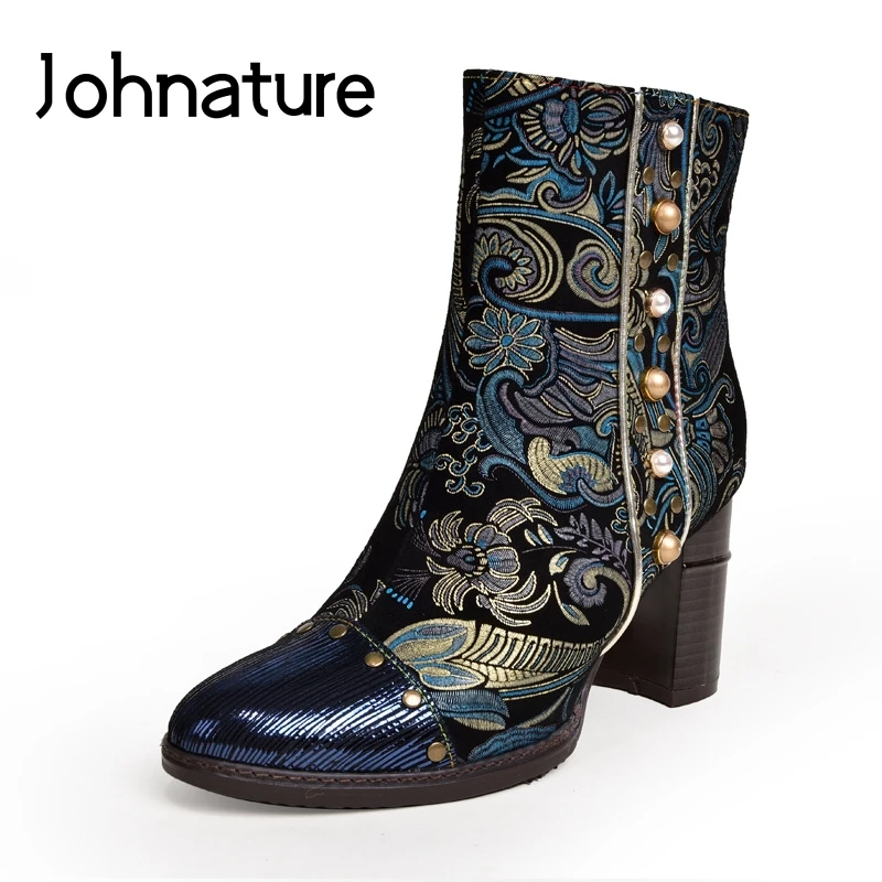Johnature; Новинка года; сезон осень-зима; ботинки из натуральной кожи на платформе; женская обувь с круглым носком; ботильоны из овечьей кожи на молнии с цветочным узором