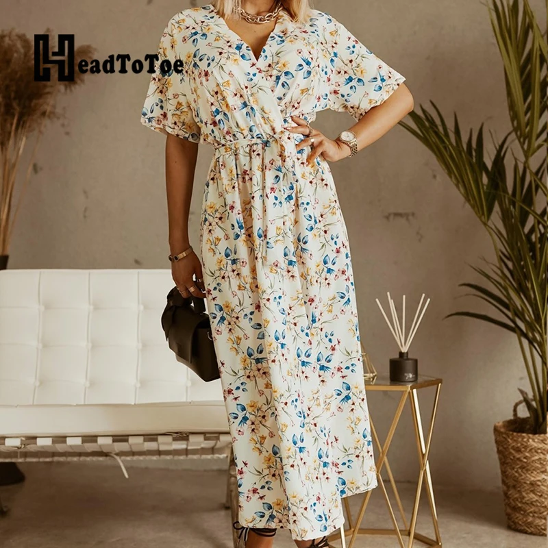 

Floral Print Bandeau Lace Up Fashion Bohemian Dresses for Women Half Sleeve V Neck Mid-calf High Waist Loose Dress Women