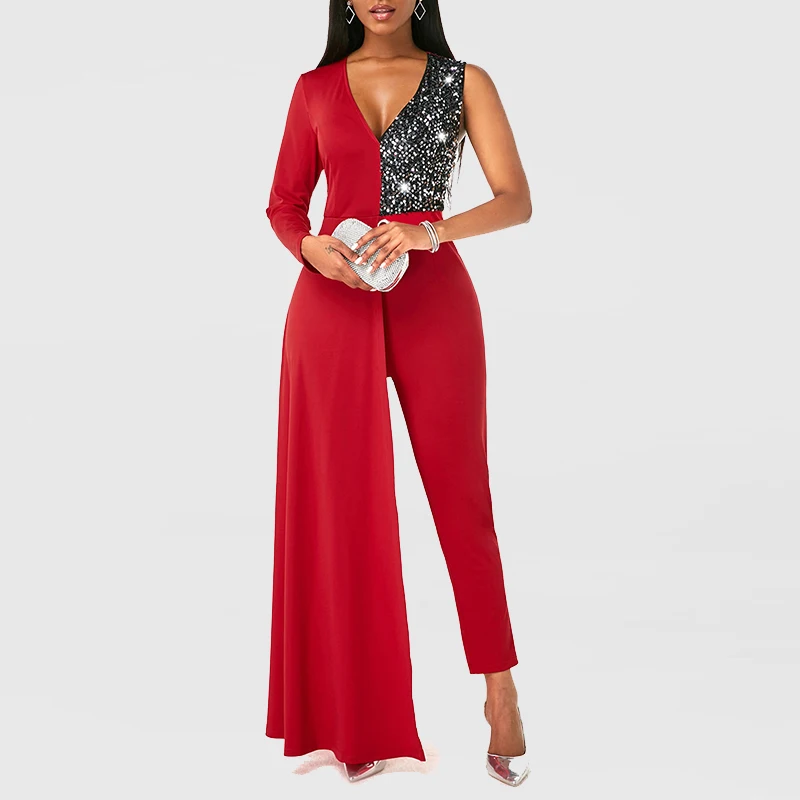 

Женский офисный комбинезон с блестками, элегантный Облегающий комбинезон с блестками и V-образным вырезом, Модный повседневный комбинезон ...