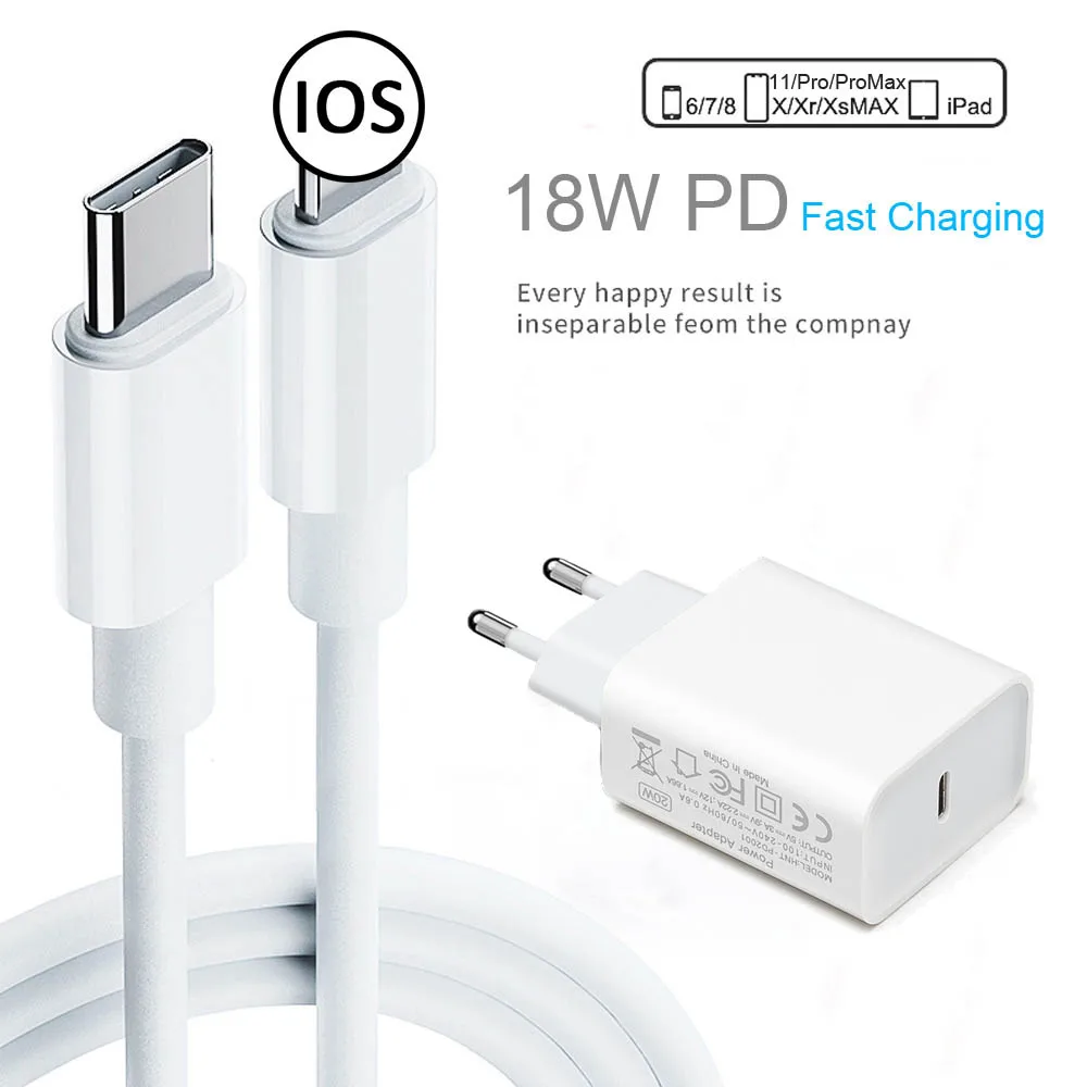 

For iPhone 11 Pro XR XS Max 8Plus PD Charger Cable 18W Quick Charger USB C Power Adapter Type C EU/US Plug USB C to C Cable