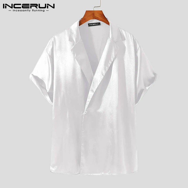 

Рубашка INCERUN Мужская однотонная на одной пуговице, брендовая модная повседневная с лацканами и коротким рукавом в Корейском стиле, уличная ...