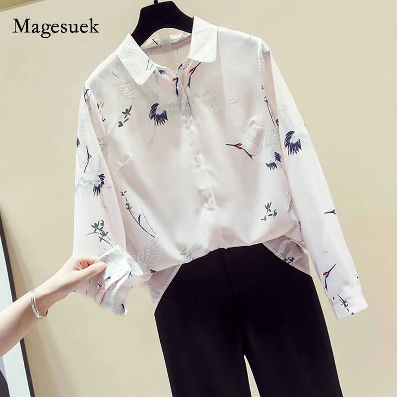 

2020 Autumn Long Sleeve Crane Print Chiffon Blouse Light Pink Silkworm Ladies Tops Turn-down Collar Cardigan Shirt Blusas 11168