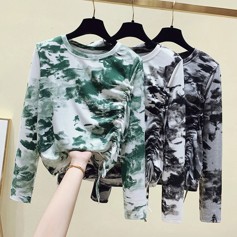 

gkfnmt Short Tops Tie dye Shirring Women T-Shirt Long Sleeve Korean Cotton Tshirt Autumn Winter Slim T Shirt Femme