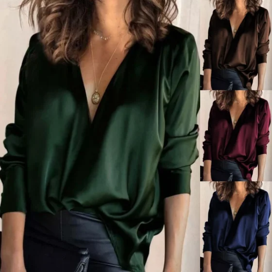 

Женская блузка в винтажном стиле, элегантная офисная шелковая блузка с отложным воротником, пуговицами и воротником, весна 2022