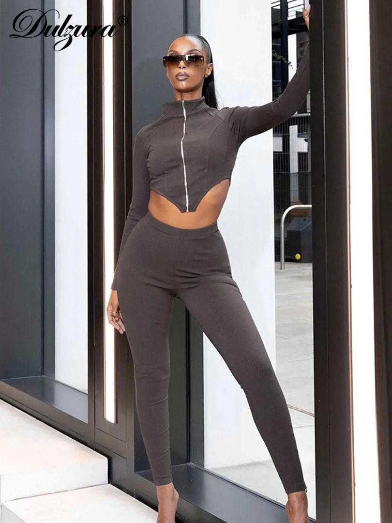 

Женский спортивный костюм Dulzura, однотонный ребристый комплект из 2 предметов с длинным рукавом, на молнии, с асимметричным укороченным топом...