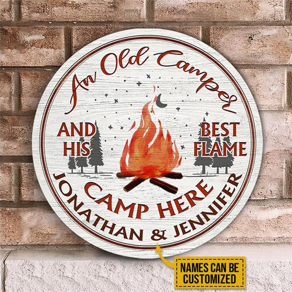 

Personalized RV Camper An Old Camper And His Best Flame Camp Here Wood Circle Sign For Home Decor Living Room Door Decoration