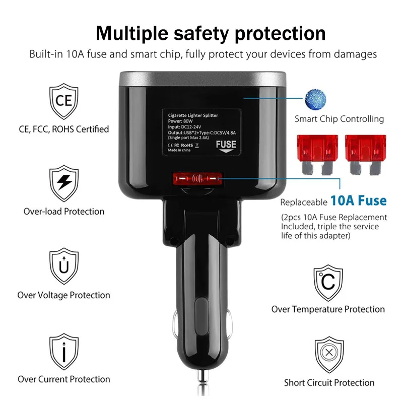 

JaJaBor Car Cigarette Lighter Socket Car Charger Two Port Power Adapter + Dual 2.4A USB Ports + Type-C Phone Charge LED Display