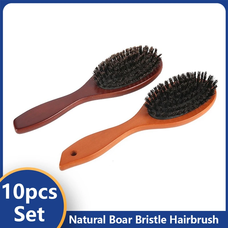 

10pcs Set Natural Boar Bristle Hairbrush Anti-static Massage Comb Hair Scalp Paddle Brush Beech Wooden Handle Hair Brush Comb
