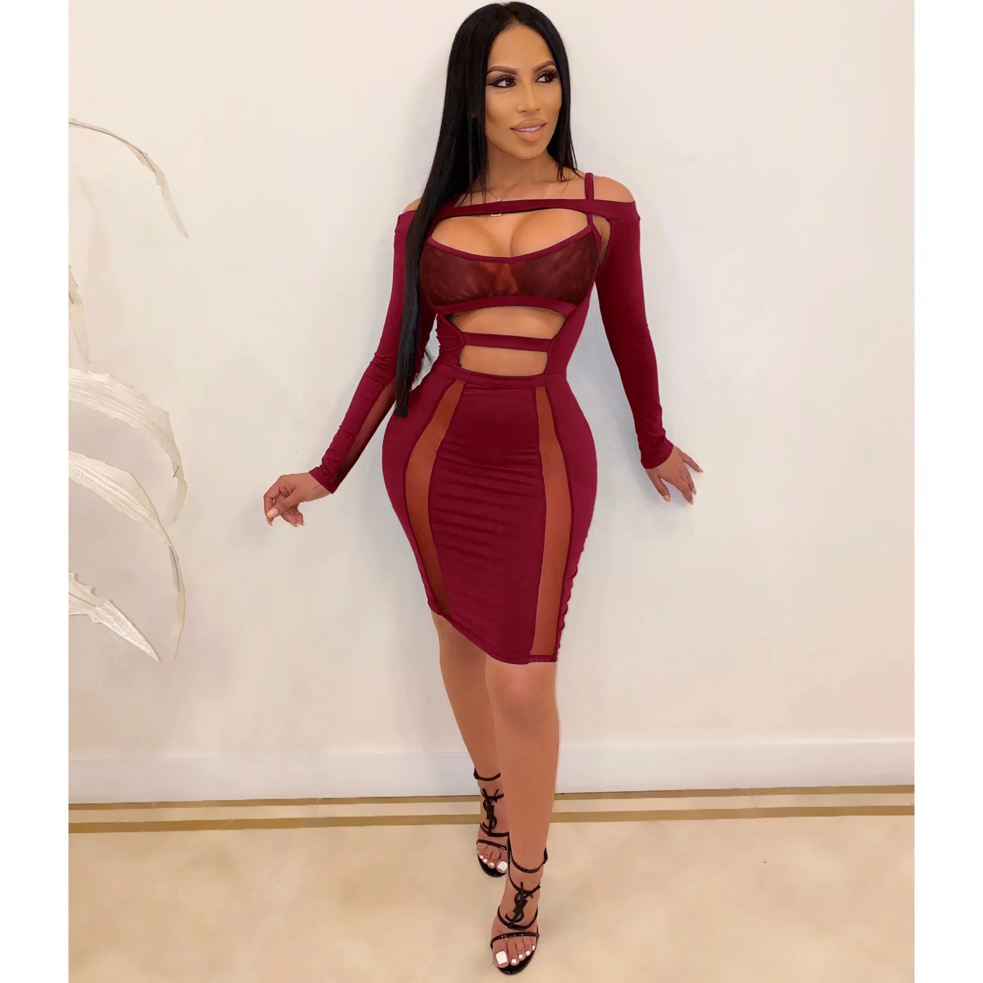 Женское мини платье с длинным рукавом и вырезом в сетку|Женские платья| |