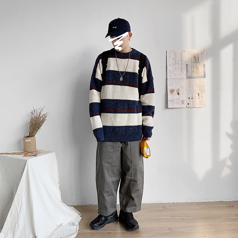 Зимний полосатый свитер мужской теплый модный Контрастный ЦВЕТНОЙ Повседневный