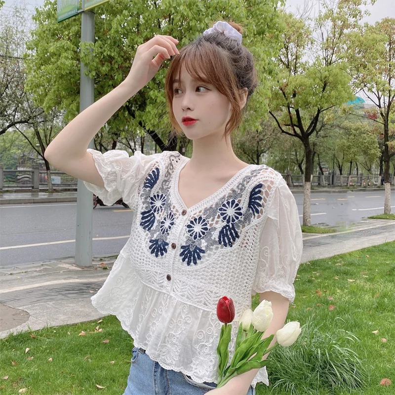 

Women's Blouses V-neck Embroidered Shirt Hollow Short Sleeve Shirt 2021 Summer Fashion