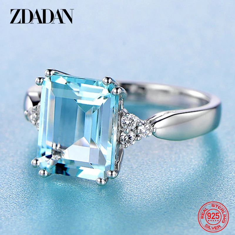 ZDADAN 925 Sterling Silver Fashion Aquamarine Gemstone Ring For Women Wedding Party Jewelry Gifts Wholesale