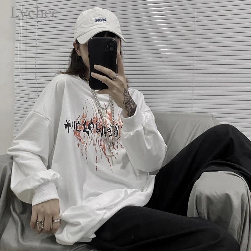 

Lychee Harajuku Letter Print Women Sweatshirt Long Sleeve Round Neck Casual Loose Female Pullover Autumn Tops