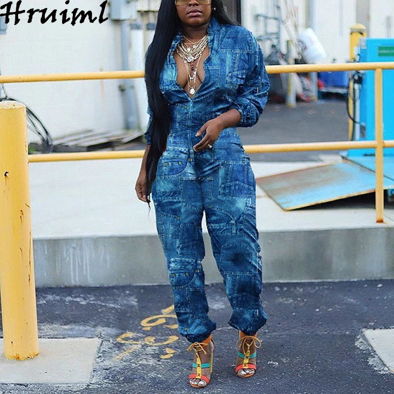 

Denim Womens Fashion One Piece Jumpsuit Long Sleeve Bodysuit Plus Size Autumn Winter Casual Overalls for Women Streetwear Romper