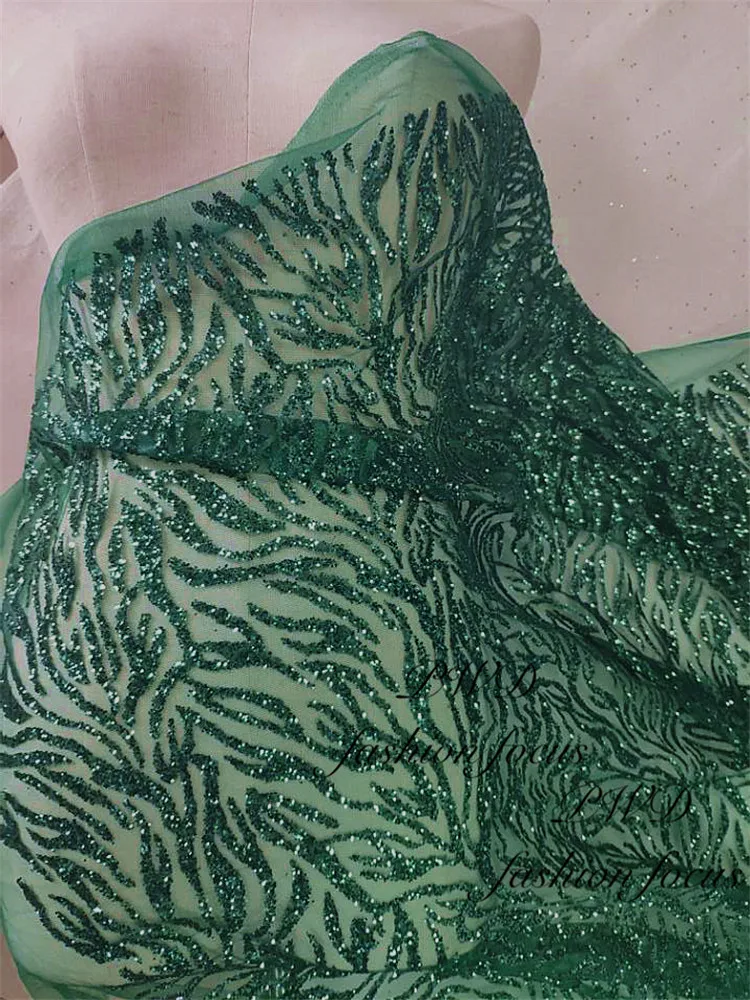 

1 Yard dark Green Lace Material Hot Glued Glitter tissus african Fabric For Evening Dress Dry Lace Fabric Mesh Sequin Fabric