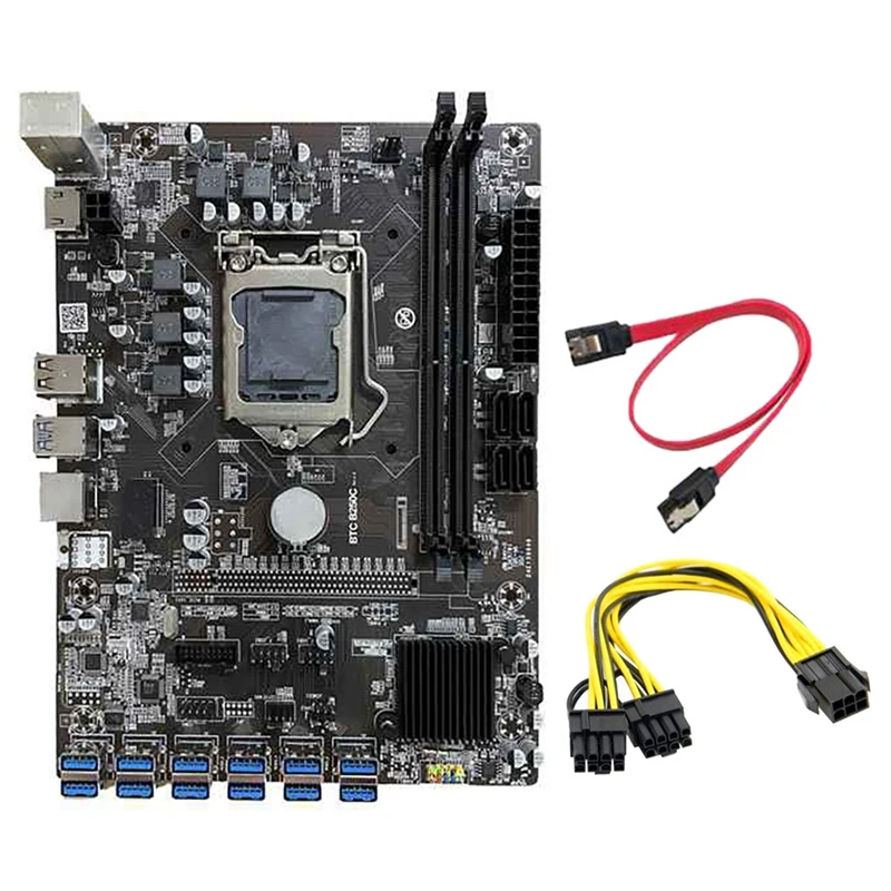 

Материнская плата B250C для майнинга BTC, 12 USB3.0 к PCI-E 16X, разъем для графической карты LGA1151 DDR4, DIMM ОЗУ с кабелем питания 6-8 контактов