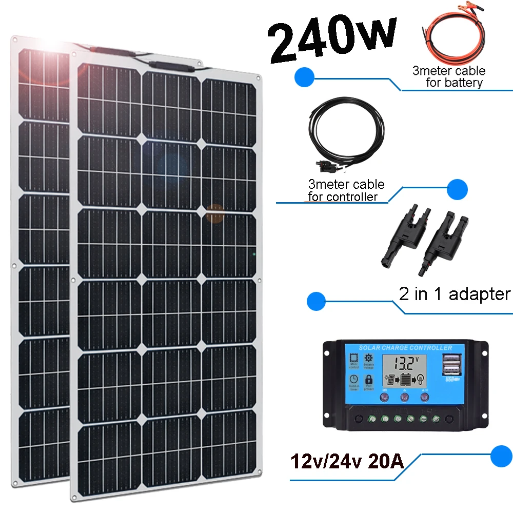 Casa para Bateria Caravana ao ar Painel Solar Placa 20a Carregador Controlador Fotovoltaico Kit Sistema Inversor 1000w Carro rv Barco Camper Livre pv 12v 240w
