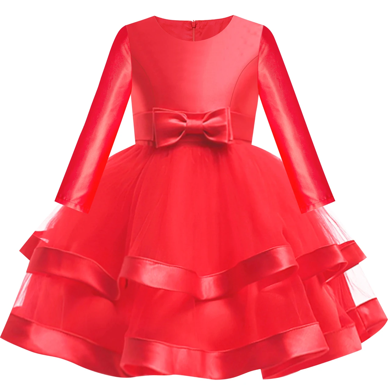 Платье с цветочным узором для девочек Красное бальное платье длинными рукавами