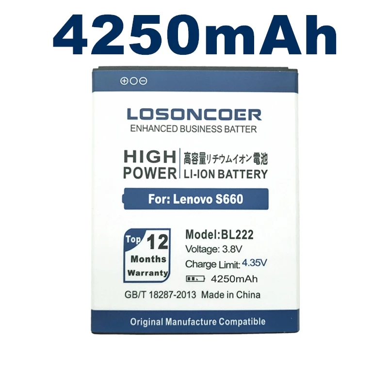 LOSONCOER 4250 мАч BL222 Высококачественный аккумулятор для lenovo S660 S668T S 660 668T сменный литий-ионный аккумулятор для телефона