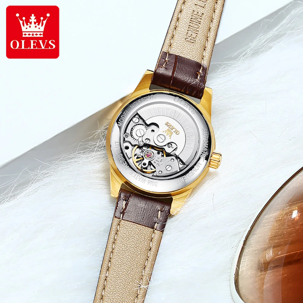 OLEVS Casual Fashion Brown Strap Automatic Mechanical Watch Women Luxury Gold Case Luminous Waterproof Ladies Black dial Watch enlarge